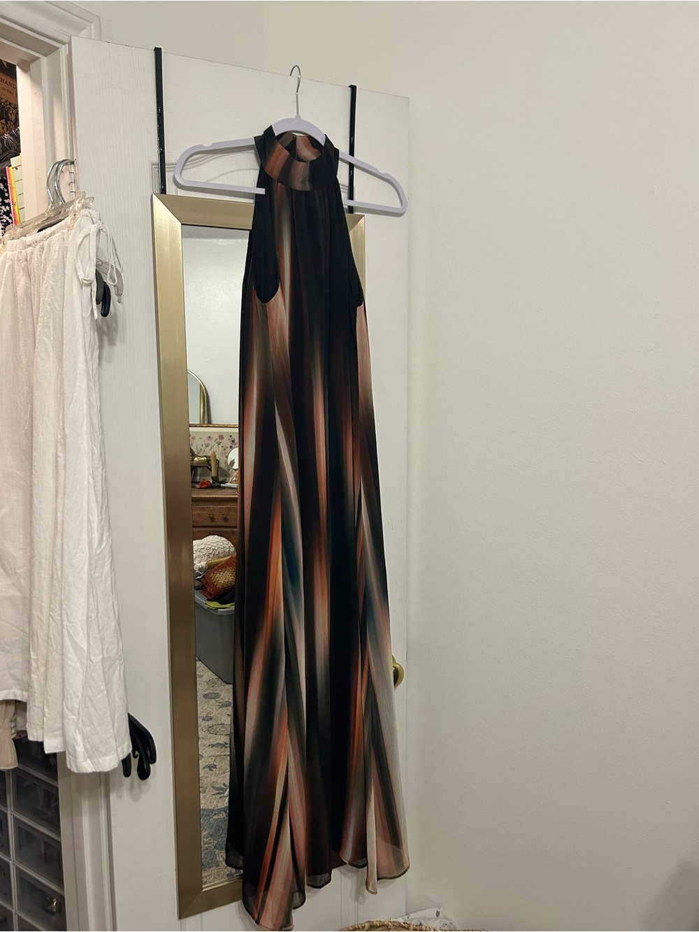EXPRESS Chiffon Halter Maxi Dress in Black and Brown Gradient Pattern